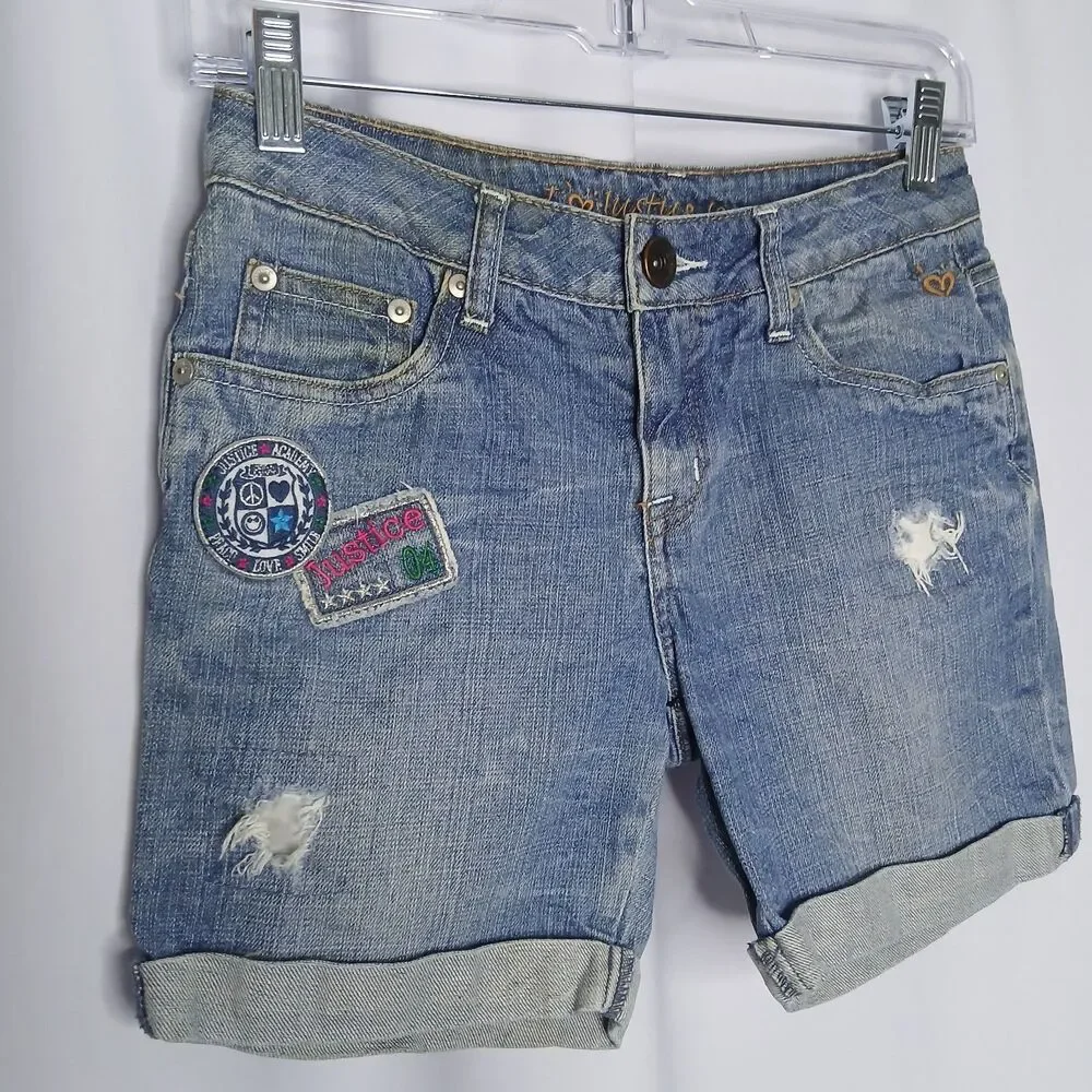 Justice Jeans Distrssed Denim Shorts Patches Cuffed Mid Rise Youth Kids Girls 14 - Picture 2 of 6